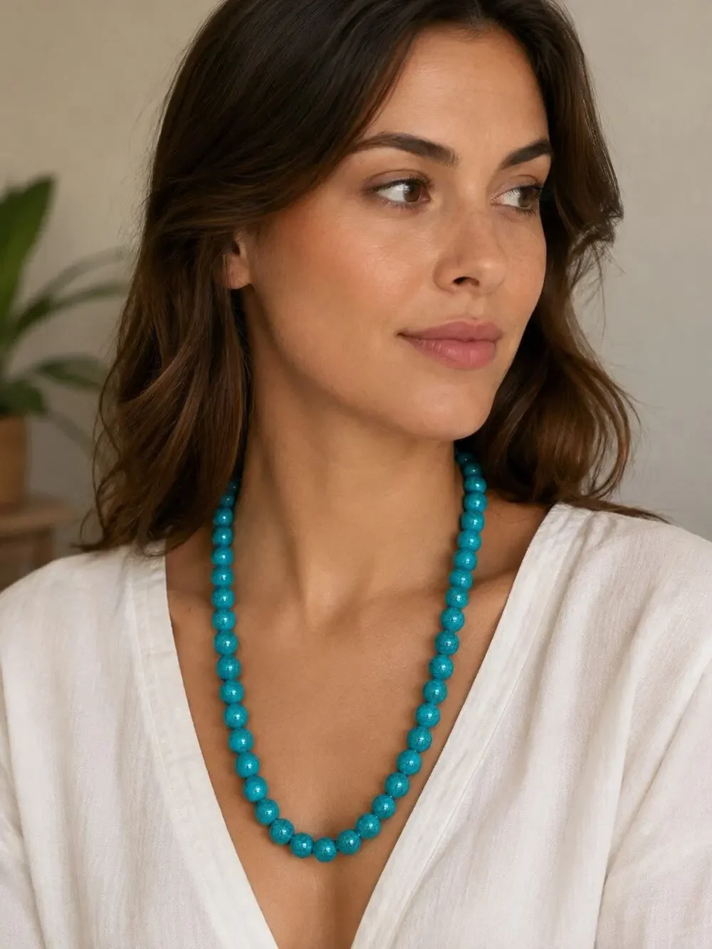 Turquoise Blue Howlite Beaded Necklace Round Stone Beads Boho Southwestern